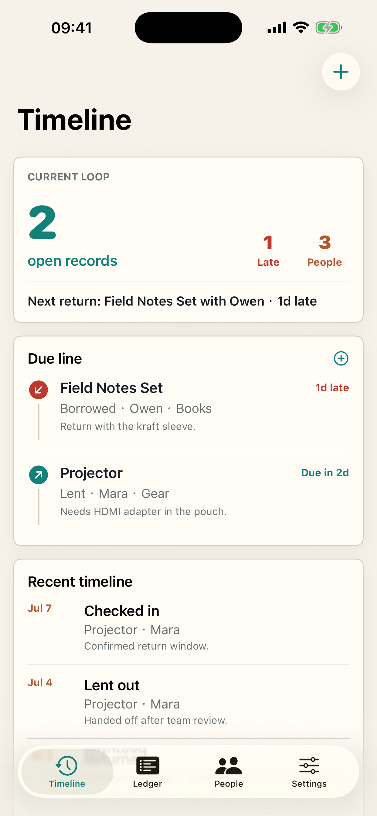 Timeline view with open lending records