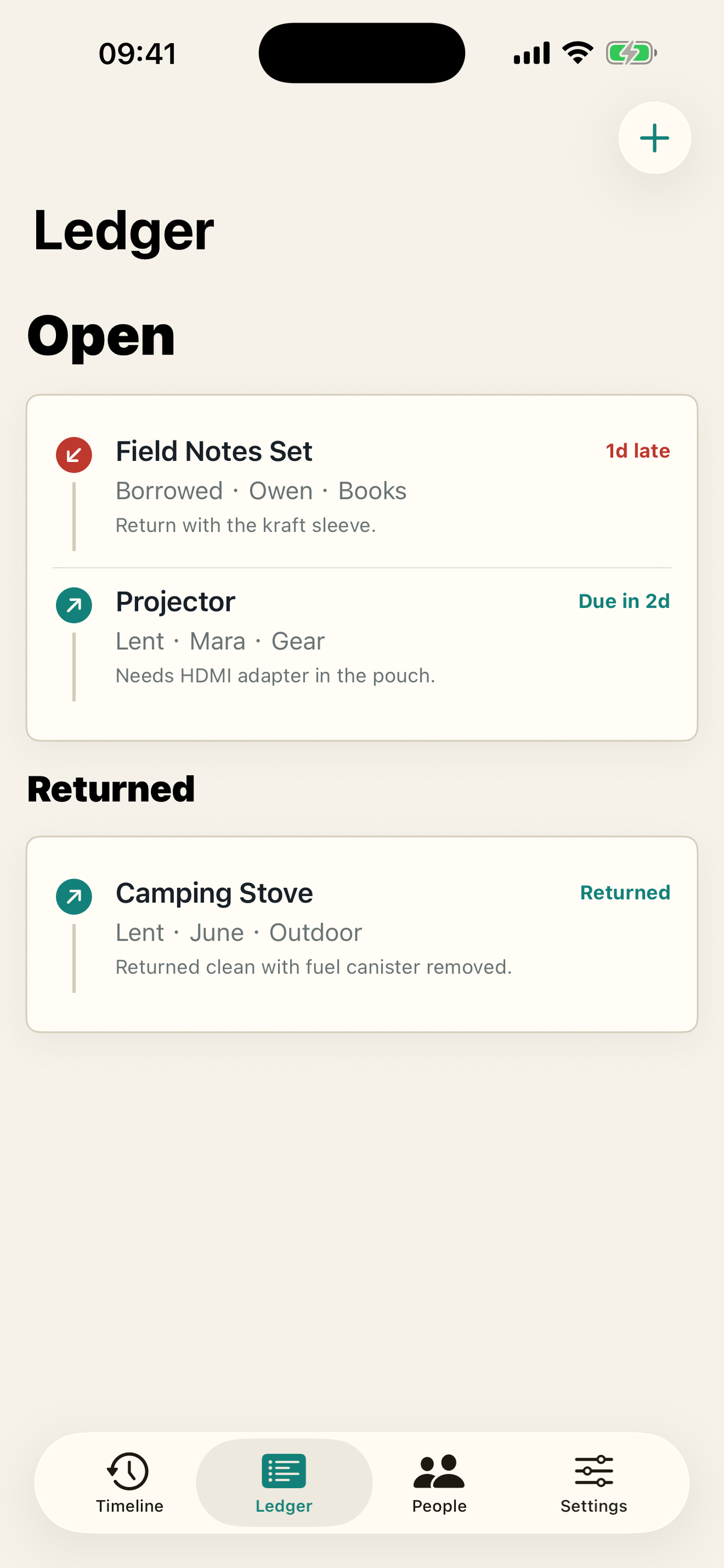 Ledger view with open and returned items
